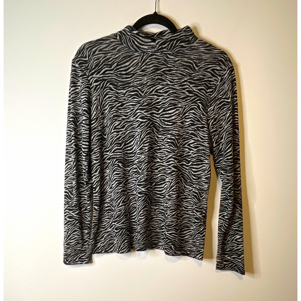 Kim Rogers Top Womens L Black White Zebra Animal Print Cowl Neck Long Sleeve